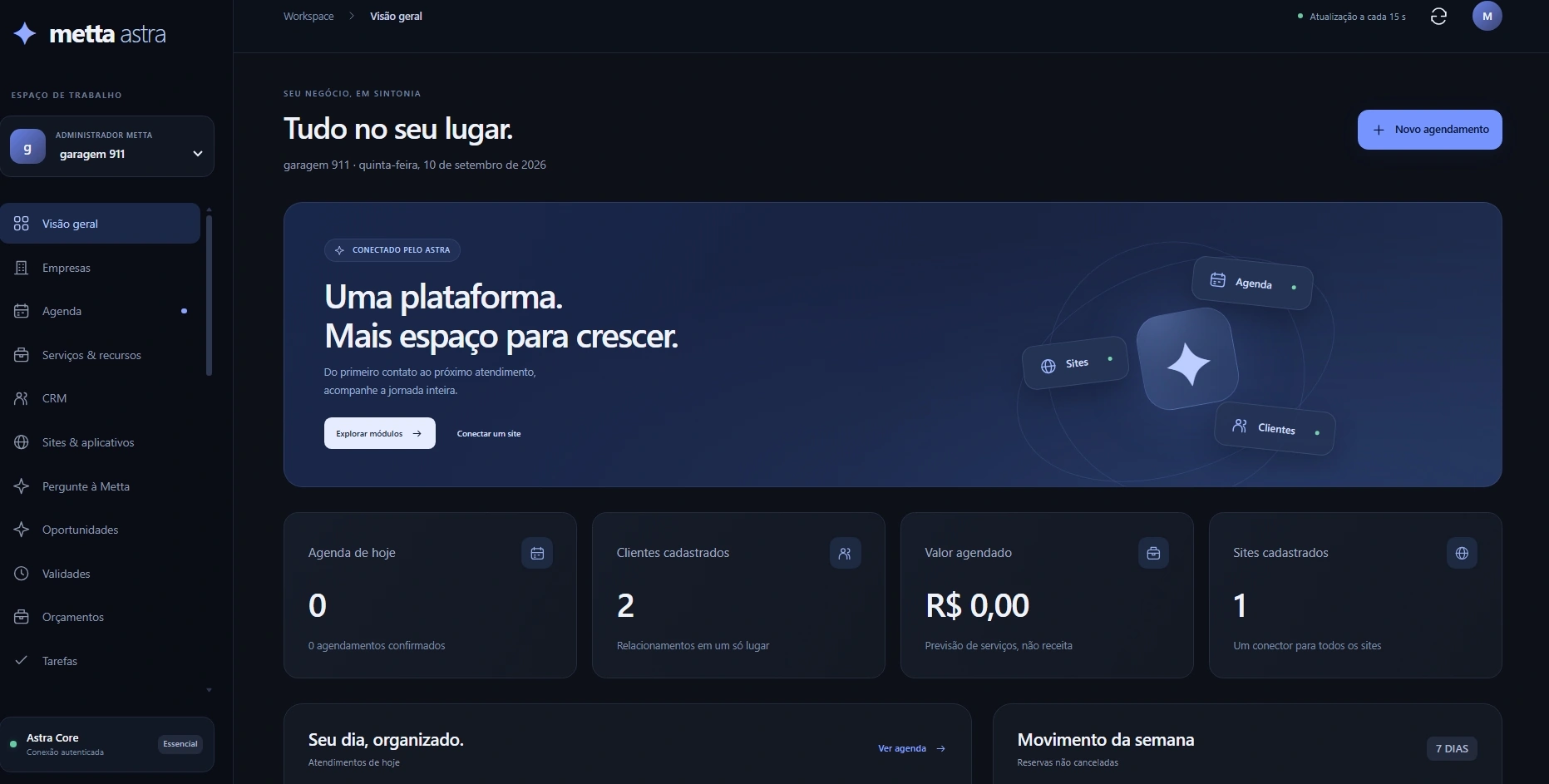 Visão geral do Metta Astra com agenda, clientes e módulos