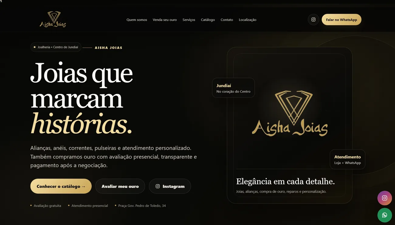 Site e catálogo da Aisha Joias, desenvolvido pela Metta